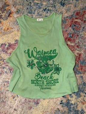 Garage Light Green Graphic Ribbed Tank - Green Print